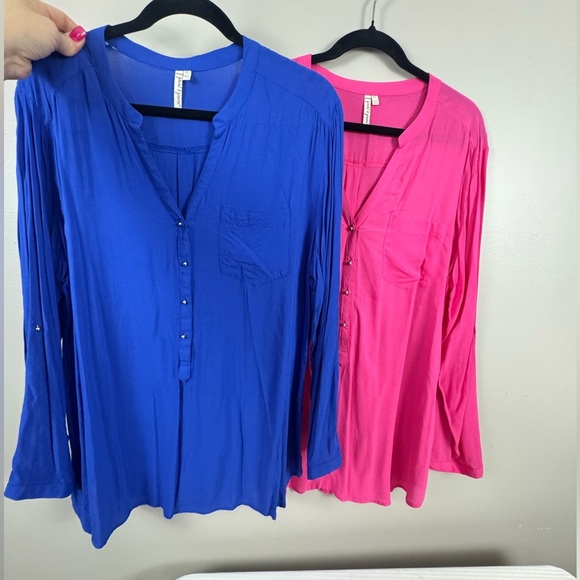 Set of 2 Grand & Greene Blouse Bundle Royal Blue & Hot Pink Mandarin Collar Tops - Picture 1 of 10
